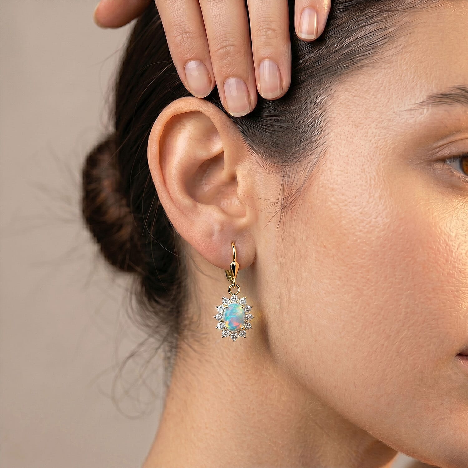 Royal Bali Collection - D'Joy Ethiopian Opal & White Zircon Earring with Lever Back in 18K Vermeil Yellow Gold Plated Sterling Silver  1.17 Ct.