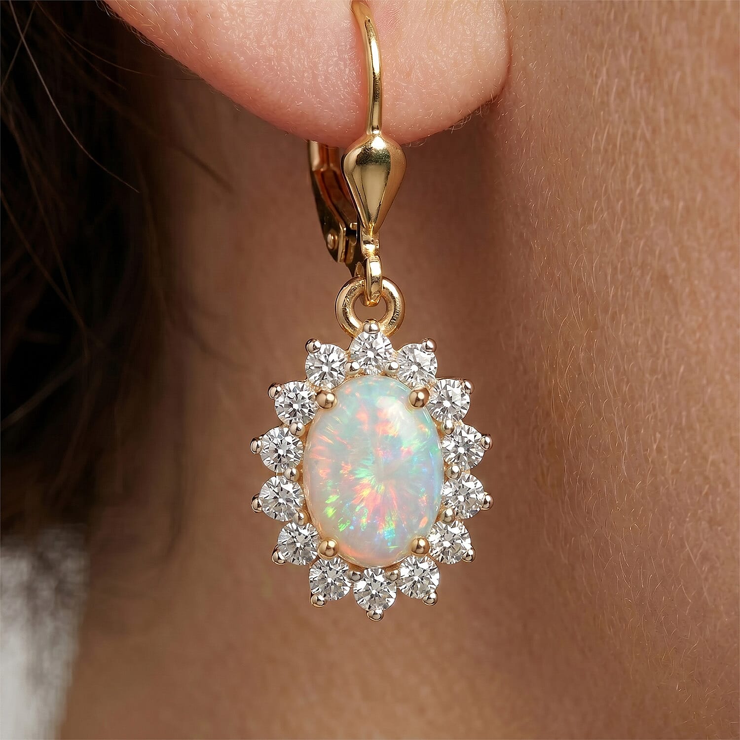 Royal Bali Collection - D'Joy Ethiopian Opal & White Zircon Earring with Lever Back in 18K Vermeil Yellow Gold Plated Sterling Silver  1.17 Ct.