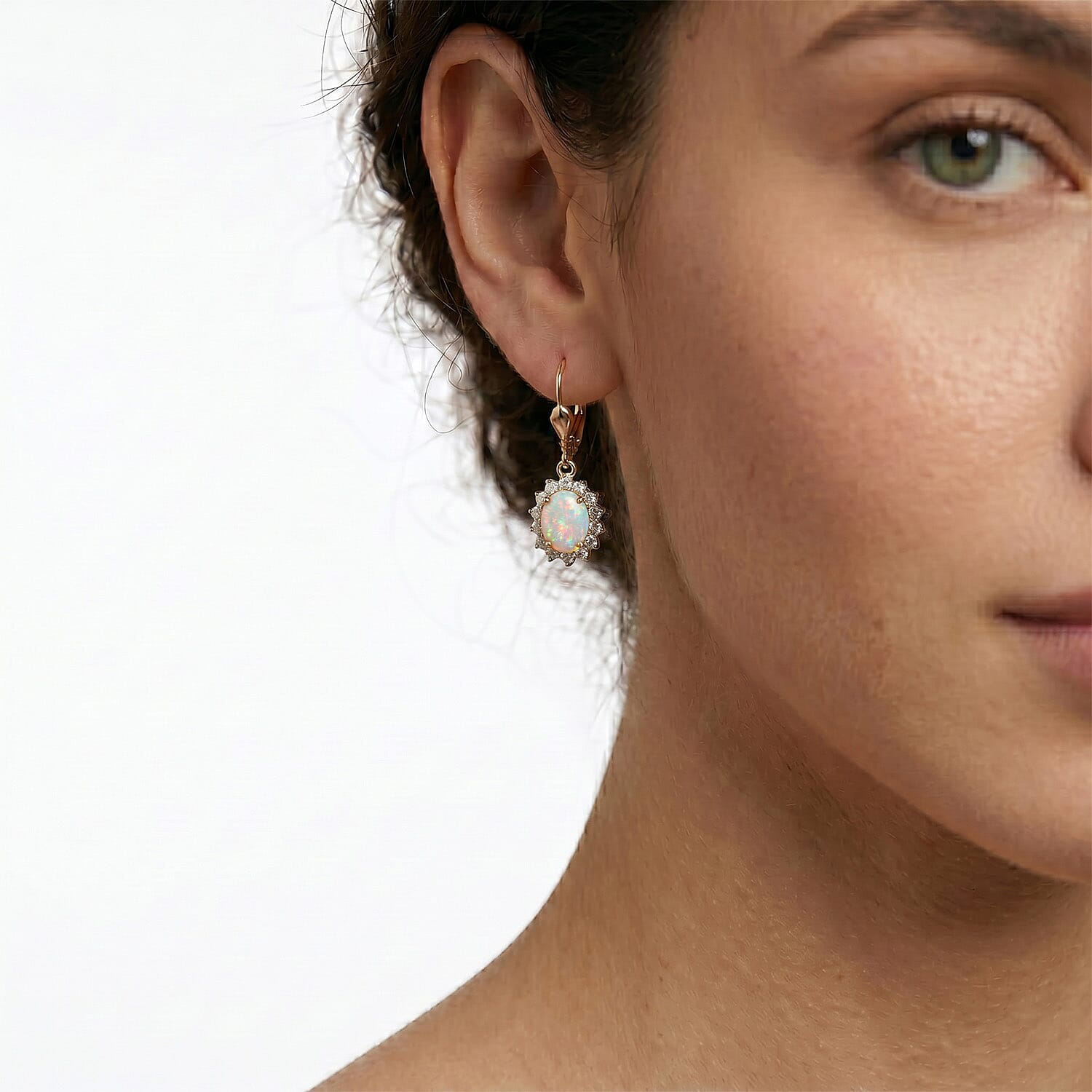 Royal Bali Collection - D'Joy Ethiopian Opal & White Zircon Earring with Lever Back in 18K Vermeil Yellow Gold Plated Sterling Silver  1.17 Ct.
