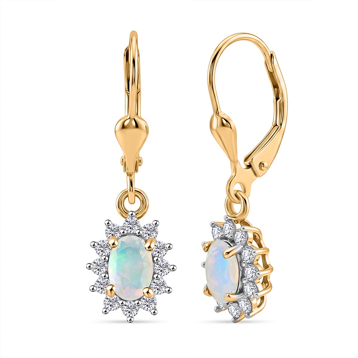 Royal Bali Collection - D'Joy Ethiopian Opal & White Zircon Earring with Lever Back in 18K Vermeil Yellow Gold Plated Sterling Silver  1.17 Ct.