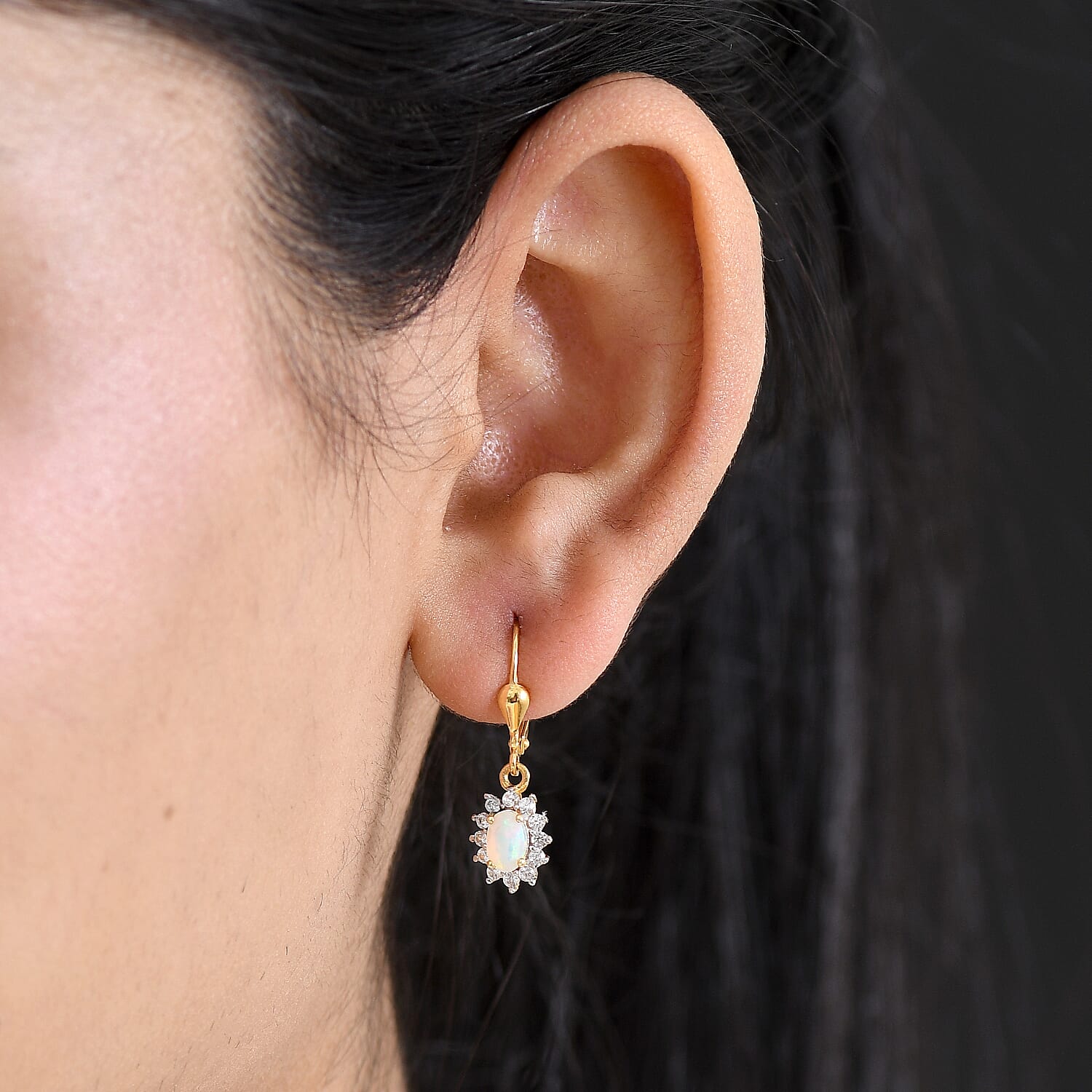 Royal Bali Collection - D'Joy Ethiopian Opal & White Zircon Earring with Lever Back in 18K Vermeil Yellow Gold Plated Sterling Silver  1.17 Ct.