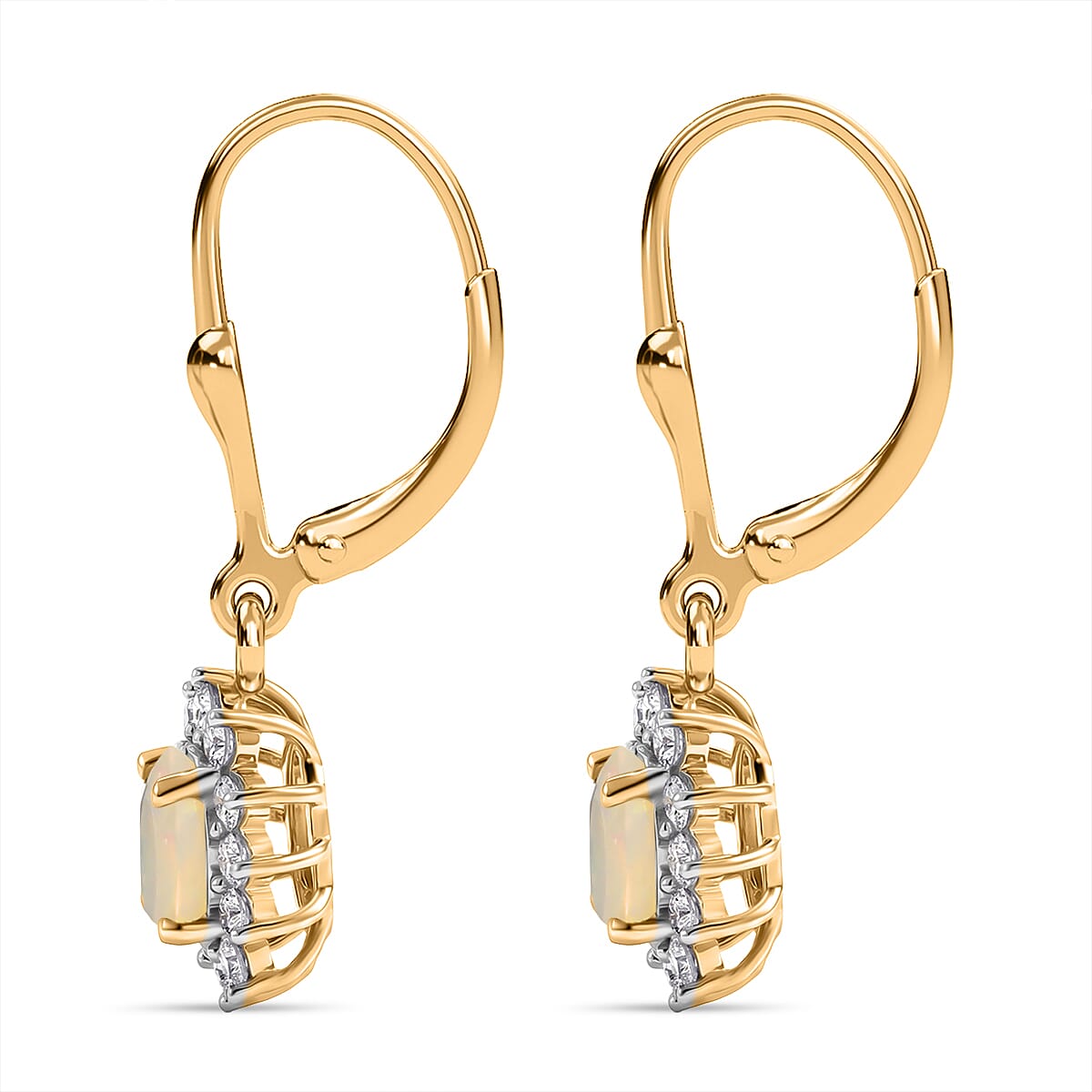 Royal Bali Collection - D'Joy Ethiopian Opal & White Zircon Earring with Lever Back in 18K Vermeil Yellow Gold Plated Sterling Silver  1.17 Ct.