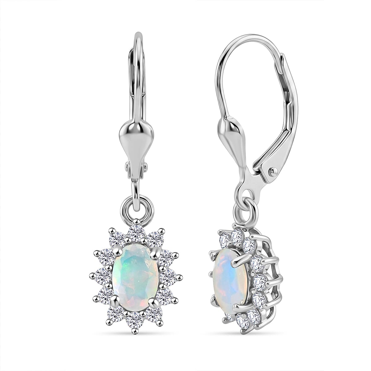 Royal Bali Collection - D'Joy Ethiopian Opal & White Zircon Earring with Lever Back in Rhodium Overlay Sterling Silver 1.17 Ct.