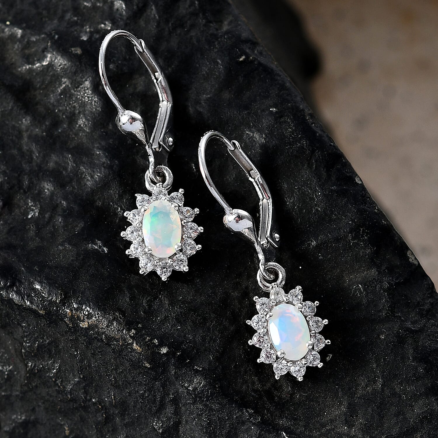 Royal Bali Collection - D'Joy Ethiopian Opal & White Zircon Earring with Lever Back in Rhodium Overlay Sterling Silver 1.17 Ct.