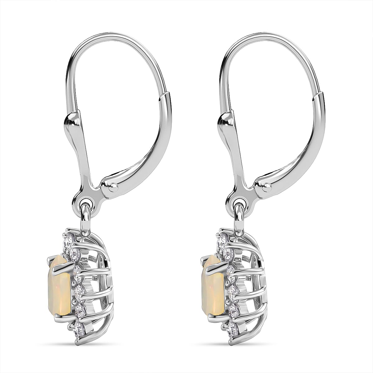Royal Bali Collection - D'Joy Ethiopian Opal & White Zircon Earring with Lever Back in Rhodium Overlay Sterling Silver 1.17 Ct.
