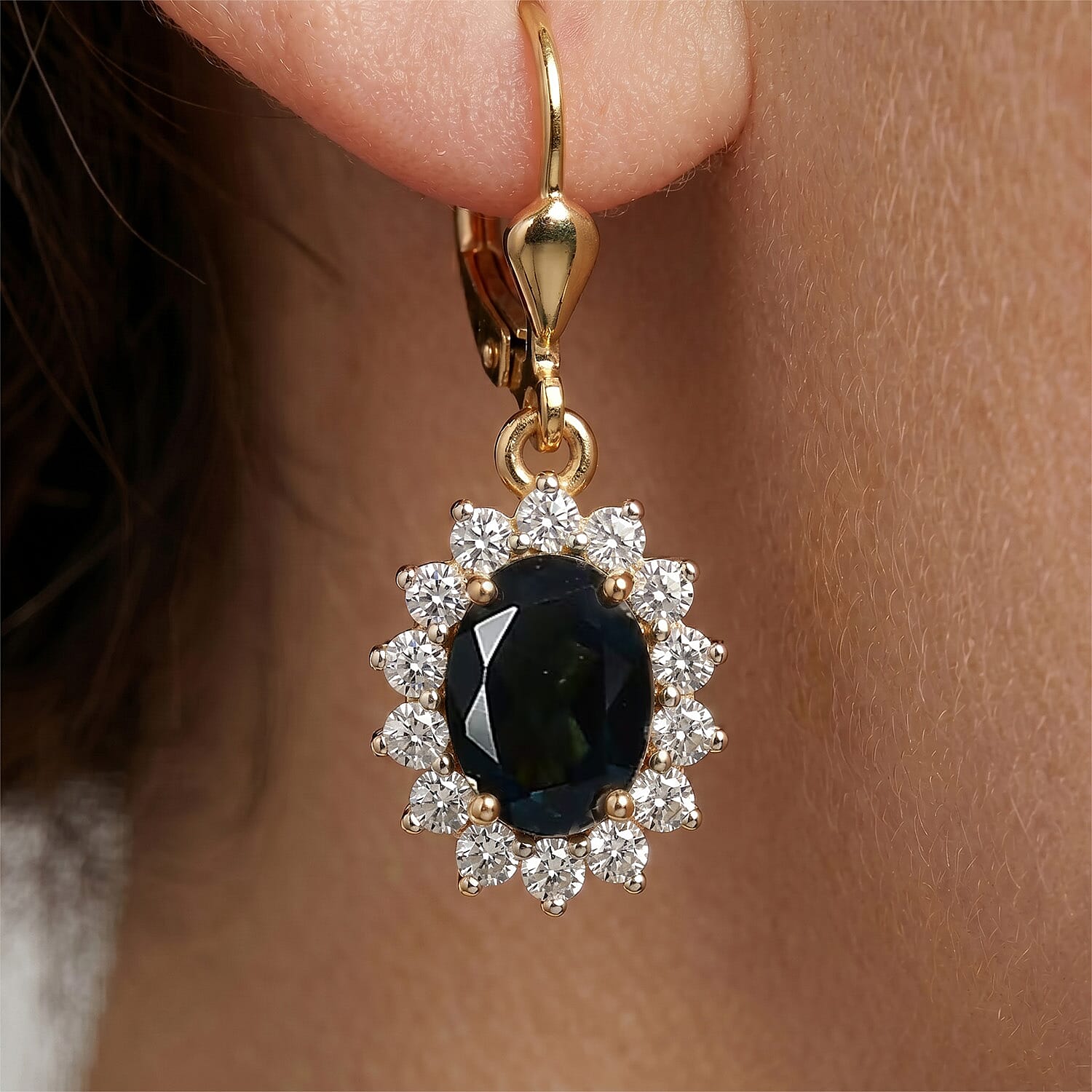 Royal Bali Collection - D'Joy London Blue Topaz & White Zircon Earring with Lever Back in 18K Vermeil Yellow Gold Plated Sterling Silver 1.65 Ct.