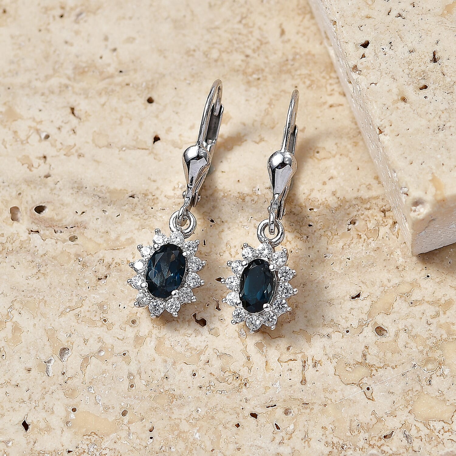 Royal Bali Collection - D'Joy London Blue Topaz & White Zircon Earring with Lever Back in Rhodium Overlay Sterling Silver 1.65 Ct.