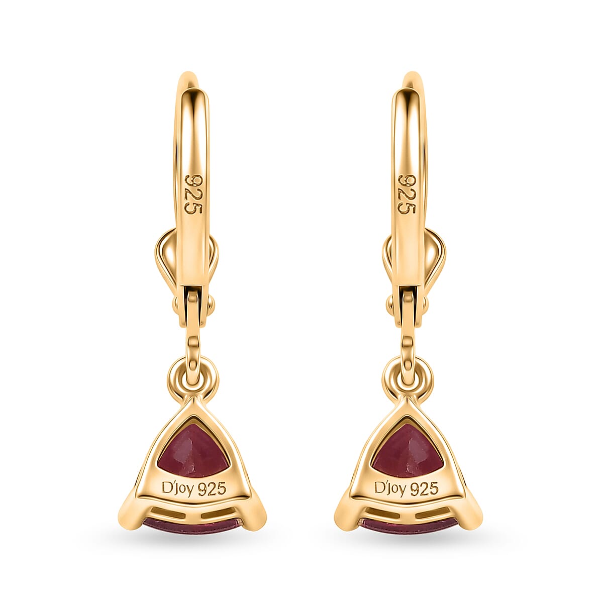 Royal Bali Collection - D'Joy African Ruby Drop Earring with Lever Back in 18K Vermeil Yellow Gold Plated Sterling Silver 2.32 Ct.