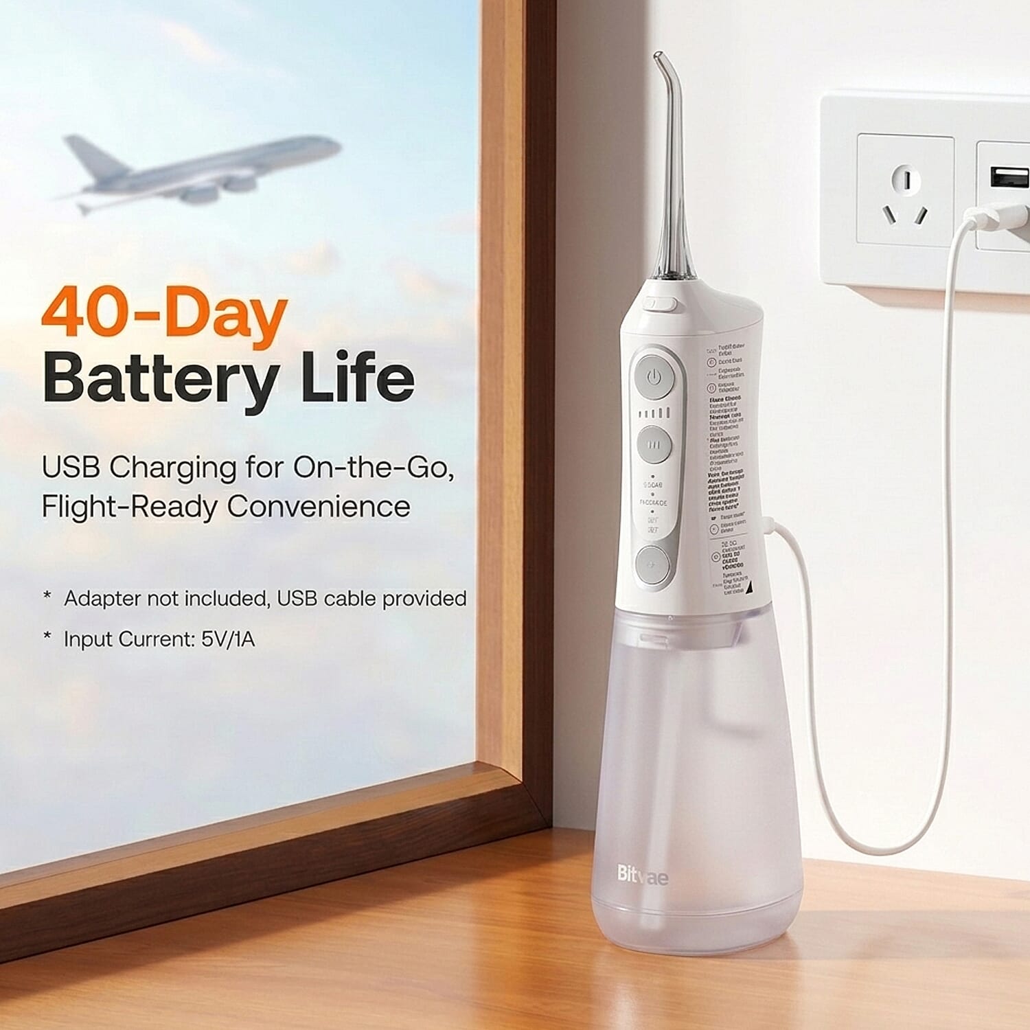 Bitvae C6 Water Flosser - White Cordless Portable Oral Irrigator - Premium 3 Modes 15 Intensity Levels Dental Flosser with 300ML Detachable Tank IPX7 Waterproof