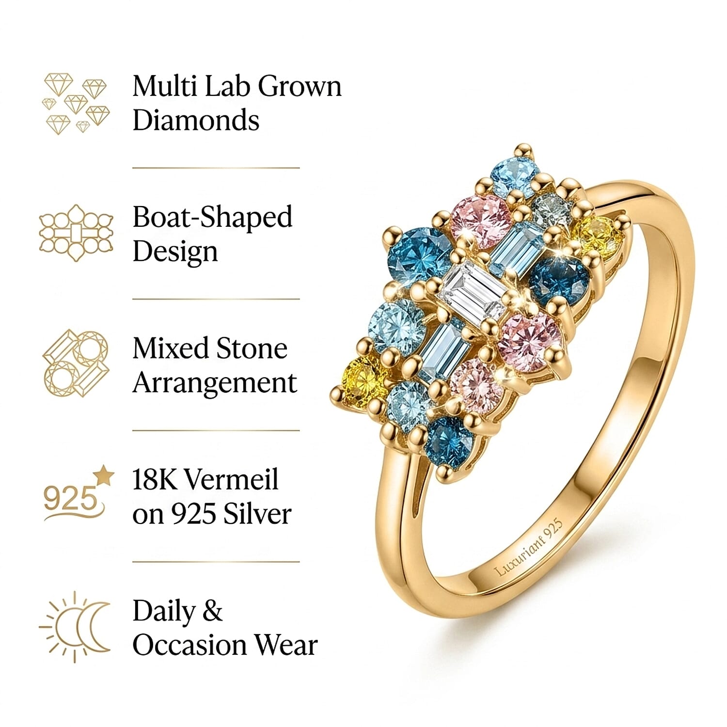 First Time Ever- Multi Lab Grown Diamond SI Boat Ring in 18K Vermeil Yellow Gold Plated Sterling Silver 0.50 Ct.