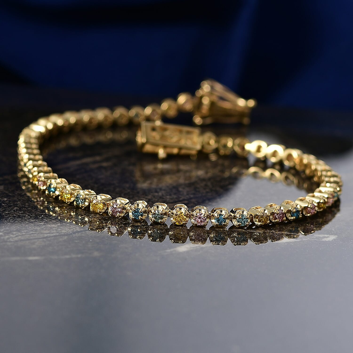 Luxuriant - Lab Grown Multi Diamond (SI-G-H) Tennis Bracelet (Size - 7.5) with GB Lock Box in 18K Vermeil Yellow Gold Plated Sterling Silver 2.00 Ct, Silver Wt. 10.13 Gms