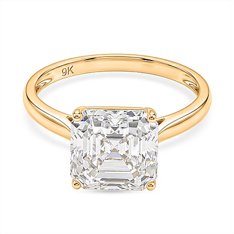 9K Yellow Gold Moissanite Asscher Cut Solitaire Ring 4.00 Ct.