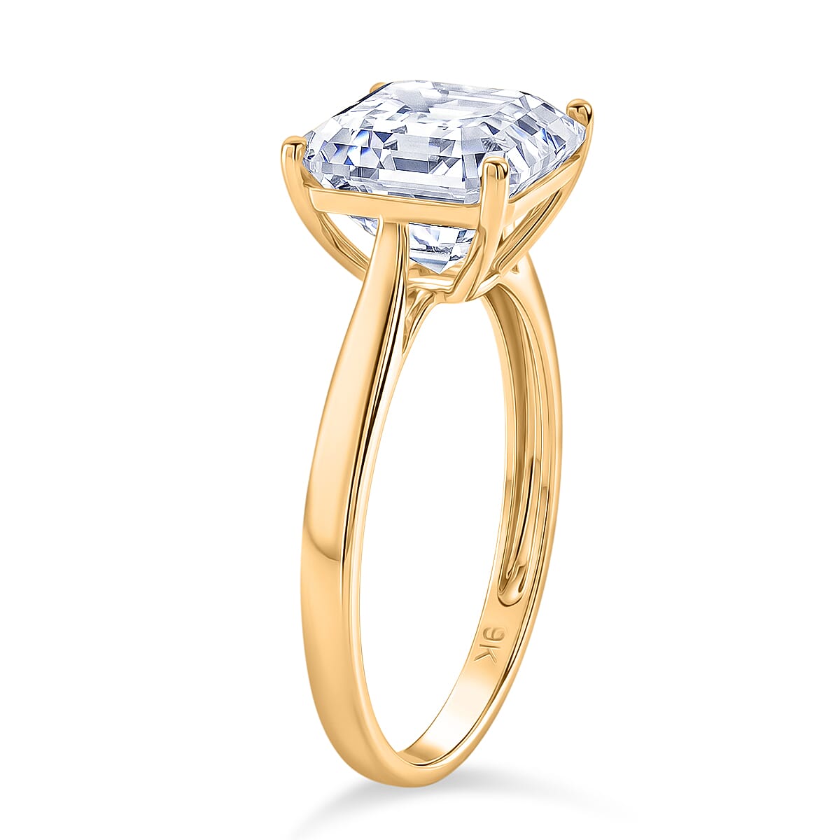 9K Yellow Gold Moissanite Asscher Cut Solitaire Ring 4.00 Ct.