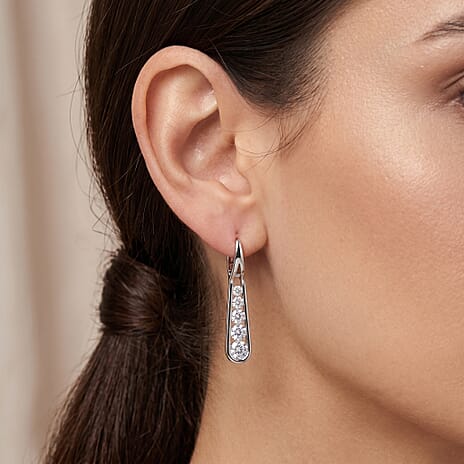 D'Joy - Moissanite Drop Earring with Clasp in Rhodium Overlay Sterling Silver 1.83 Ct.