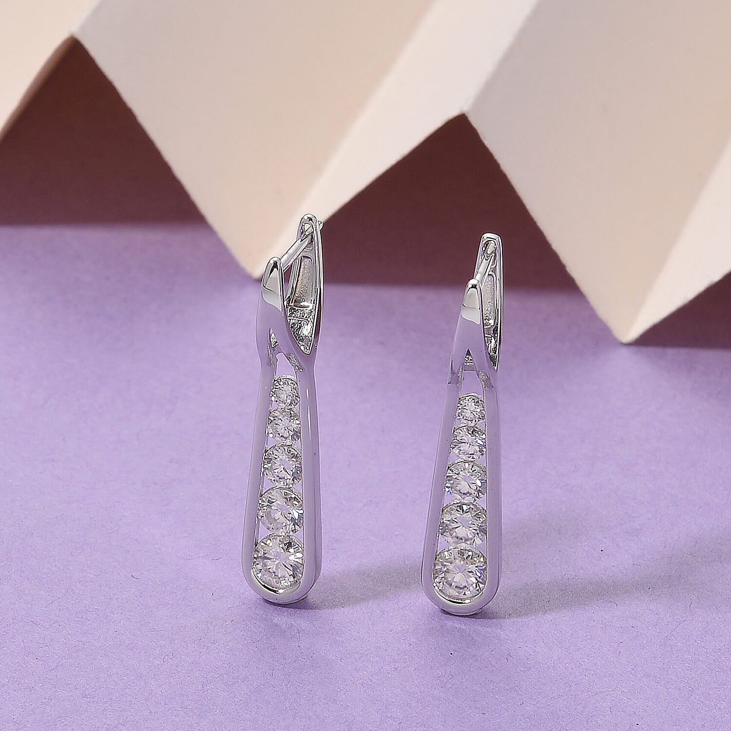 D'Joy - Moissanite Drop Earring with Clasp in Rhodium Overlay Sterling Silver 1.83 Ct.