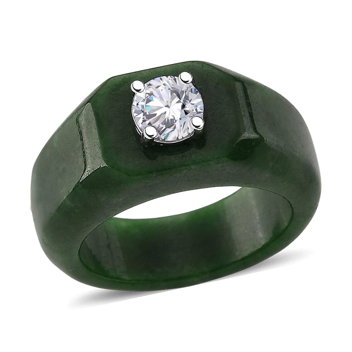 D'Joy - Moissanite & Dyed Green Jade Solitaire Band Ring in Rhodium Overlay Sterling Silver 28.76 Ct.