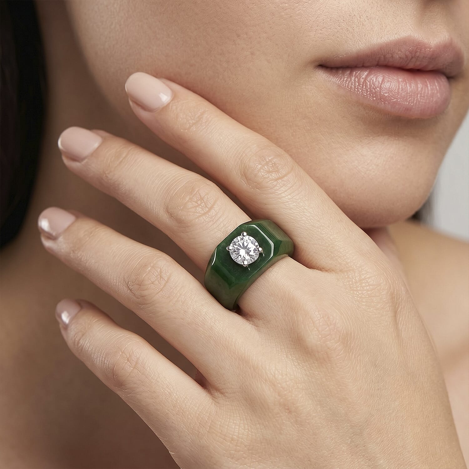 D'Joy - Moissanite & Dyed Green Jade Solitaire Band Ring in Rhodium Overlay Sterling Silver 28.76 Ct.