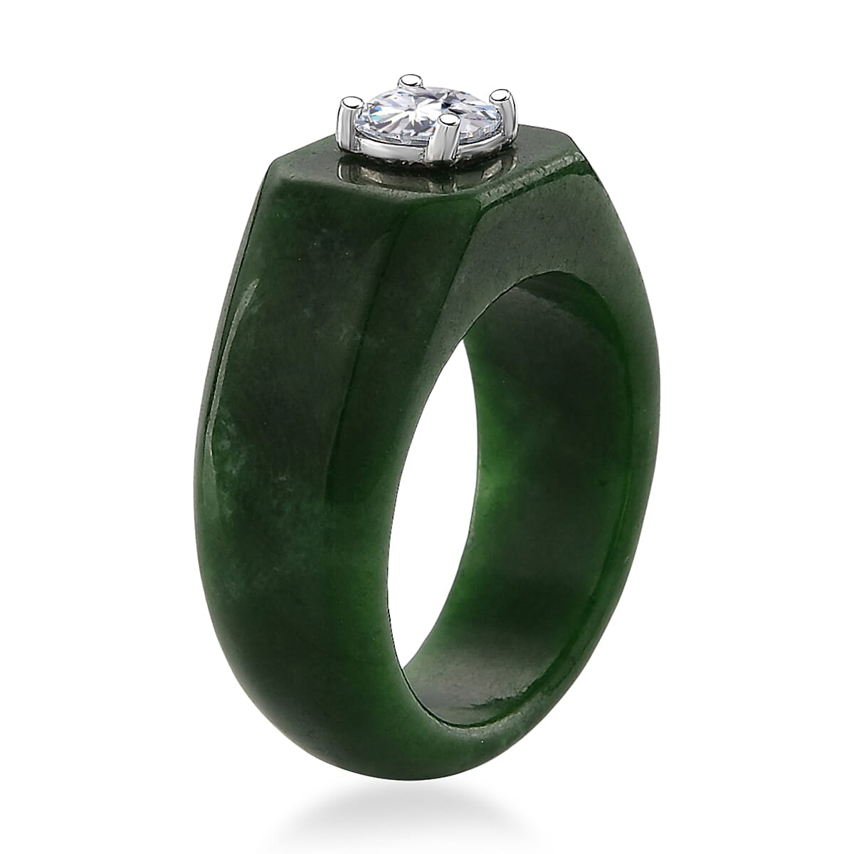 D'Joy - Moissanite & Dyed Green Jade Solitaire Band Ring in Rhodium Overlay Sterling Silver 28.76 Ct.