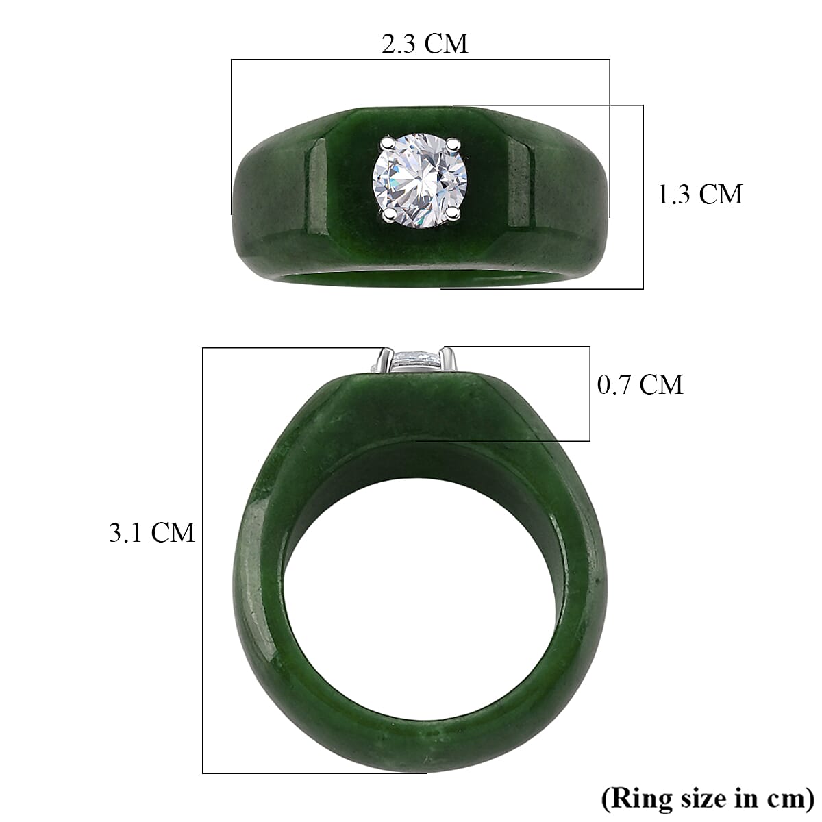 D'Joy - Moissanite & Dyed Green Jade Solitaire Band Ring in Rhodium Overlay Sterling Silver 28.76 Ct.