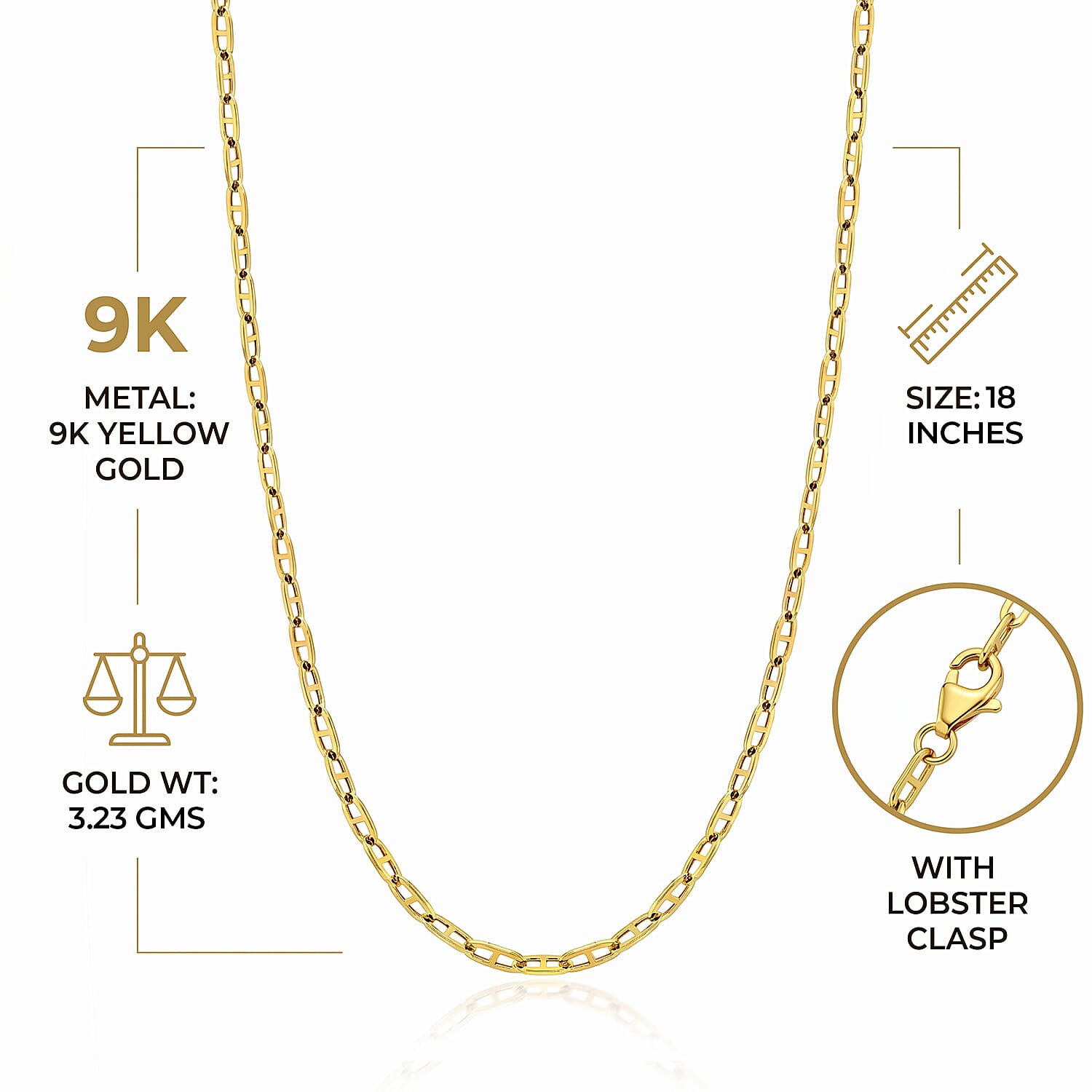 9K Yellow Gold Paperclip Chain (Size - 18) with Lobster Clasp, Gold Wt. 3.23 Gms
