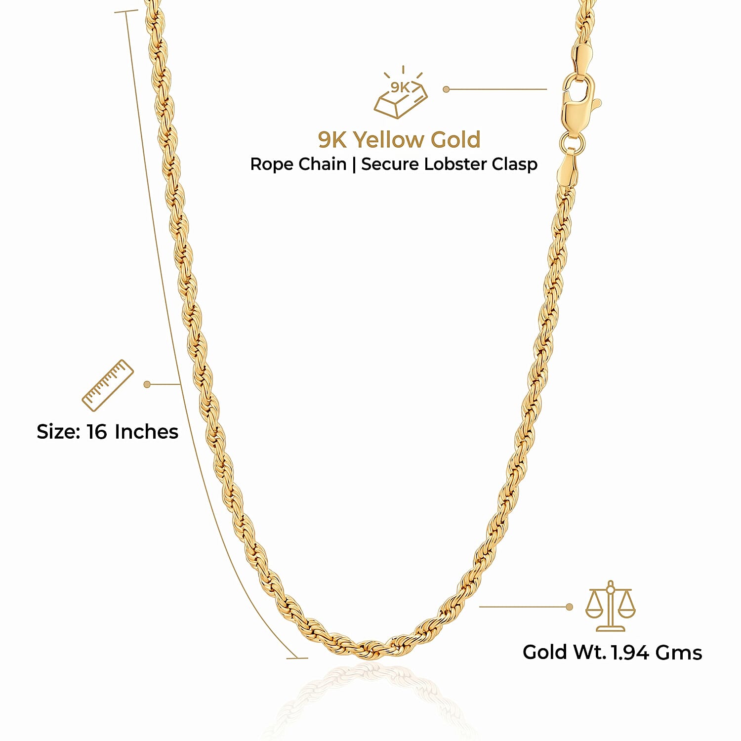 9K Yellow Gold Rope Chain (Size - 16) with Lobster Clasp, Gold Wt. 1.94 Gms