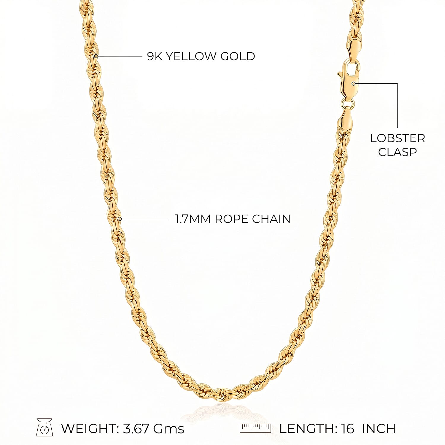 9K Yellow Gold Rope Chain (Size - 16) with Lobster Clasp, Gold Wt. 3.67 Gms