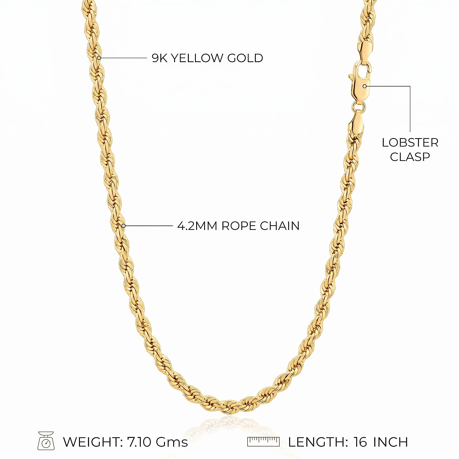 9K Yellow Gold Rope Chain (Size - 16) with Lobster Clasp, Gold Wt.7.10 Gms