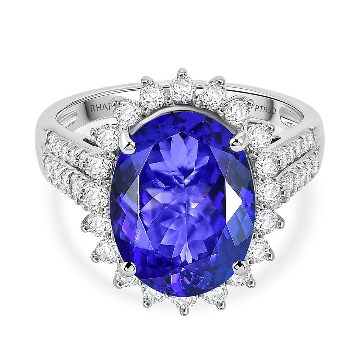 The Heirloom Collection - Rhapsody AAAA Tanzanite (7.62 Ct) with Natural Earth Mined VS-E-F White Diamonds (0.85 Ct) Halo Ring in 950 Platinum 8.47 Ct.