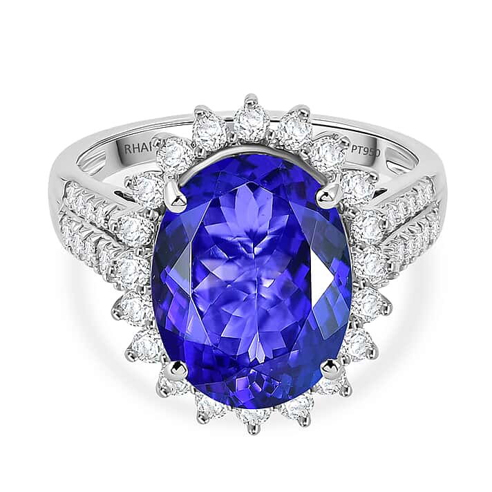 The Heirloom Collection - Rhapsody AAAA Tanzanite (7.62 Ct) with Natural Earth Mined VS-E-F White Diamonds (0.85 Ct) Halo Ring in 950 Platinum 8.47 Ct.