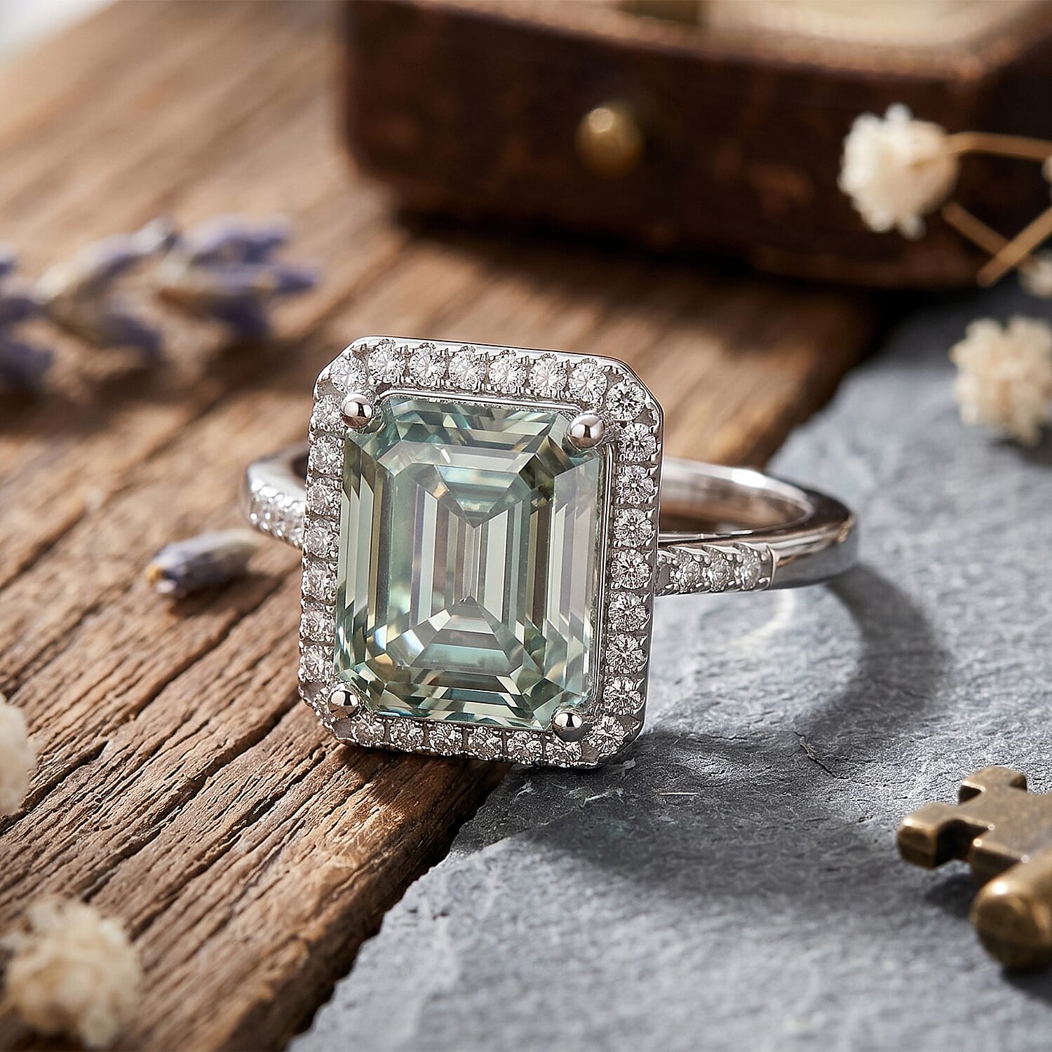 D'Joy - Paraiba Moissanite Halo Ring in Rhodium Overlay Sterling Silver 6.65 Ct.