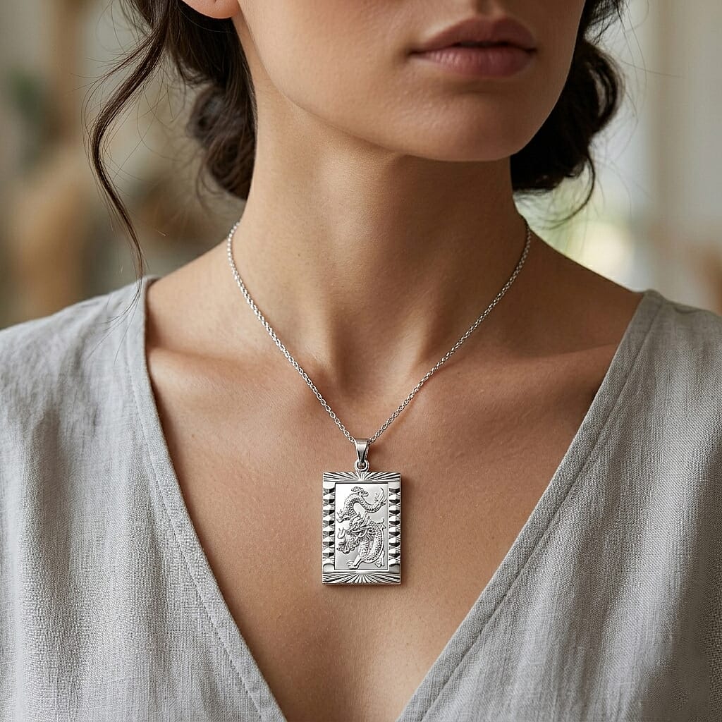 Dragon Emblem Necklace (Size - 20-2 Ext) in Silver Tone