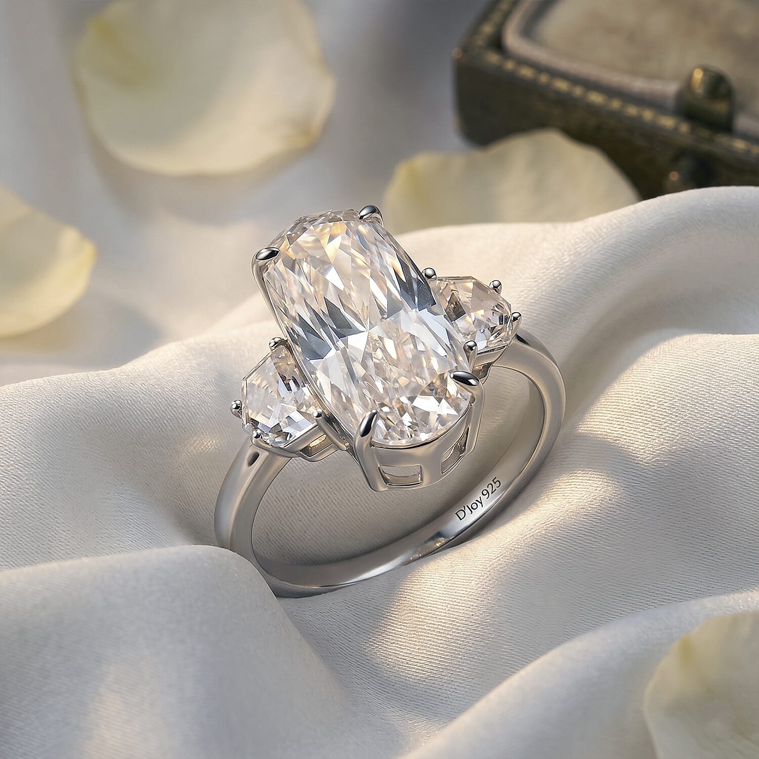 D'Joy - Moissanite Trilogy Ring in Rhodium Overlay Sterling Silver  7.00 Ct.