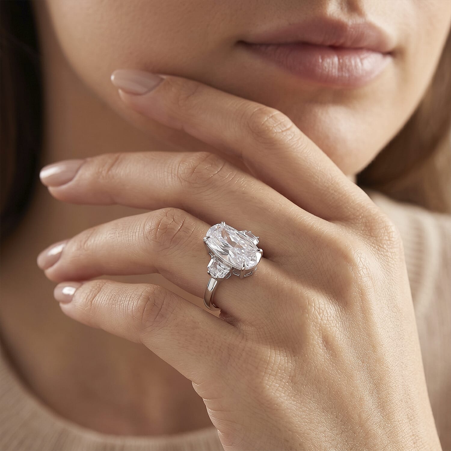 D'Joy - Moissanite Trilogy Ring in Rhodium Overlay Sterling Silver  7.00 Ct.