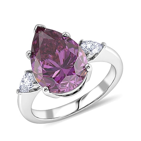 D'Joy - Pink Moissanite & White Moissanite Pear Cut Solitaire Ring in Rhodium Overlay Sterling Silver 5.77 Ct.