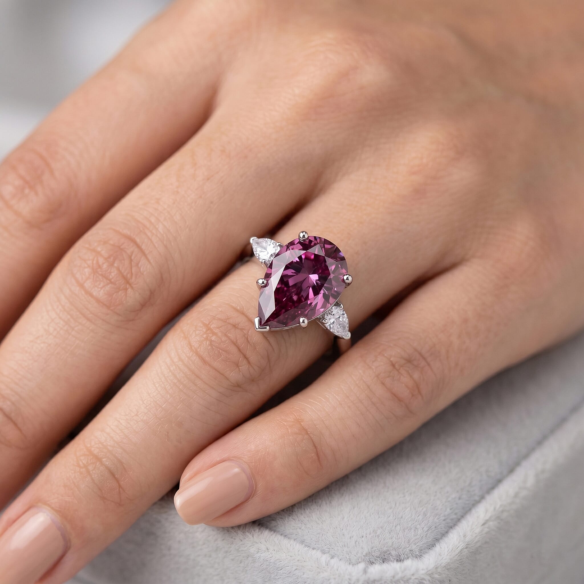 D'Joy - Pink Moissanite & White Moissanite Pear Cut Solitaire Ring in Rhodium Overlay Sterling Silver 5.77 Ct.