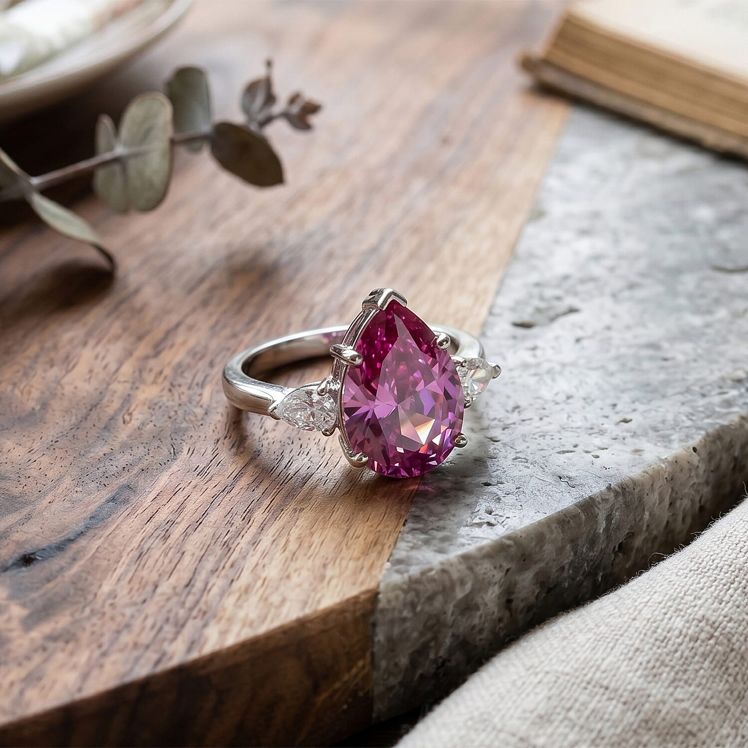 D'Joy - Pink Moissanite & White Moissanite Pear Cut Solitaire Ring in Rhodium Overlay Sterling Silver 5.77 Ct.