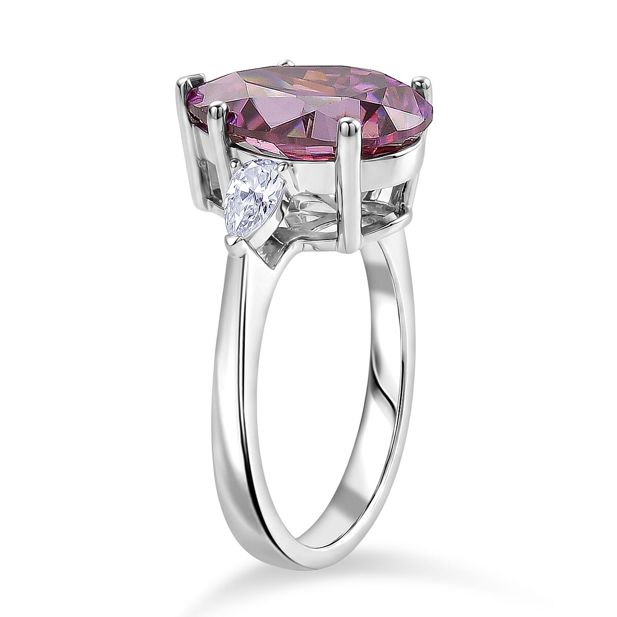 D'Joy - Pink Moissanite & White Moissanite Pear Cut Solitaire Ring in Rhodium Overlay Sterling Silver 5.77 Ct.