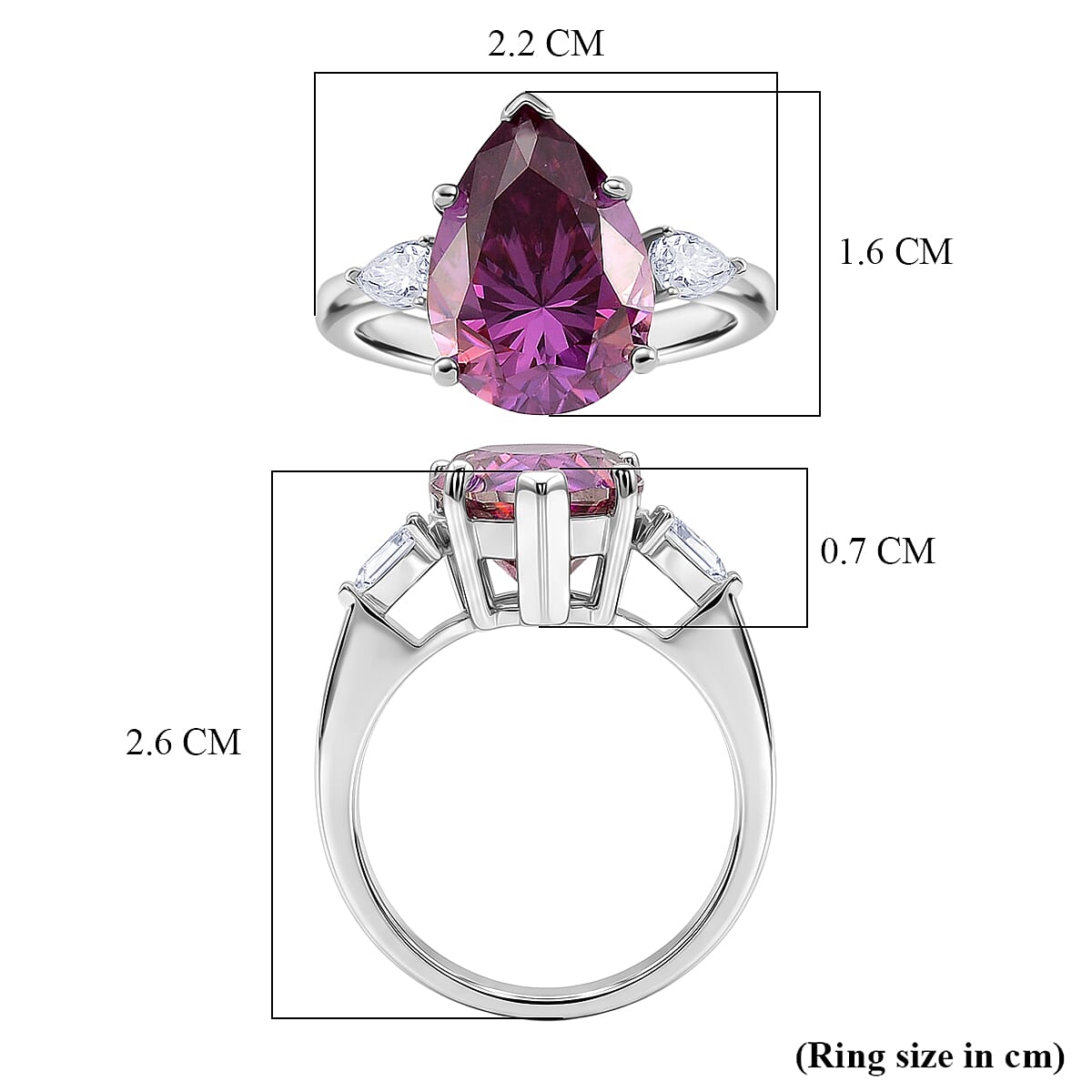 D'Joy - Pink Moissanite & White Moissanite Pear Cut Solitaire Ring in Rhodium Overlay Sterling Silver 5.77 Ct.
