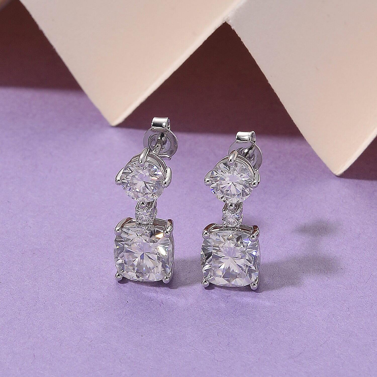 D'Joy - Moissanite Dangling Push Back Earring in Rhodium Overlay Sterling Silver 6.68 Ct.