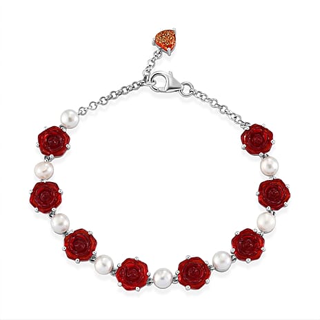 GP - Murano Glass, Blue Sapphire & Pearl Bracelet (Size - 7.5) with Lobster Clasp in Rhodium Overlay Sterling Silver 20.50 Ct.