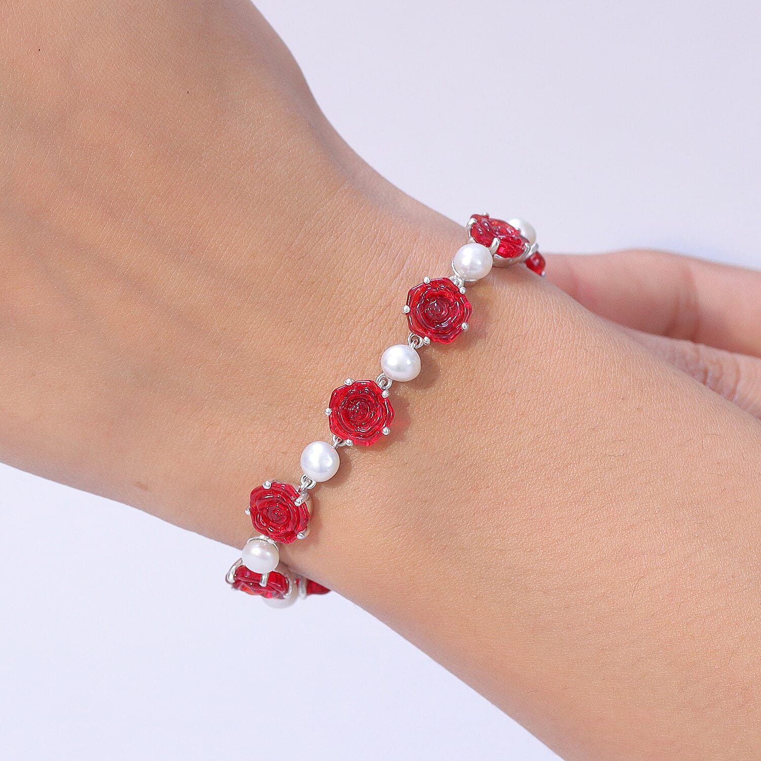 GP - Murano Glass, Blue Sapphire & Pearl Bracelet (Size - 7.5) with Lobster Clasp in Rhodium Overlay Sterling Silver 20.50 Ct.