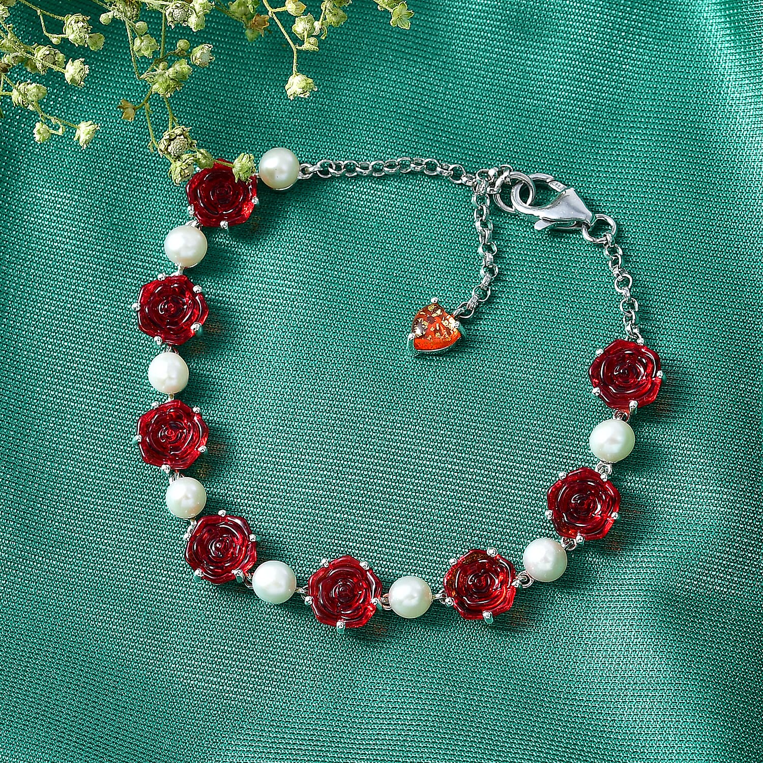 GP - Murano Glass, Blue Sapphire & Pearl Bracelet (Size - 7.5) with Lobster Clasp in Rhodium Overlay Sterling Silver 20.50 Ct.