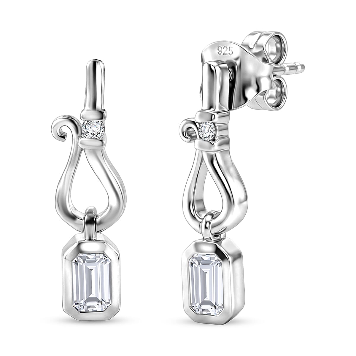 D'Joy - Moissanite Dangling Earring with Push Back in Platinum Overlay Sterling Silver