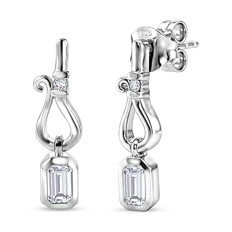 D'Joy - Moissanite Dangling Earring with Push Back in Platinum Overlay Sterling Silver