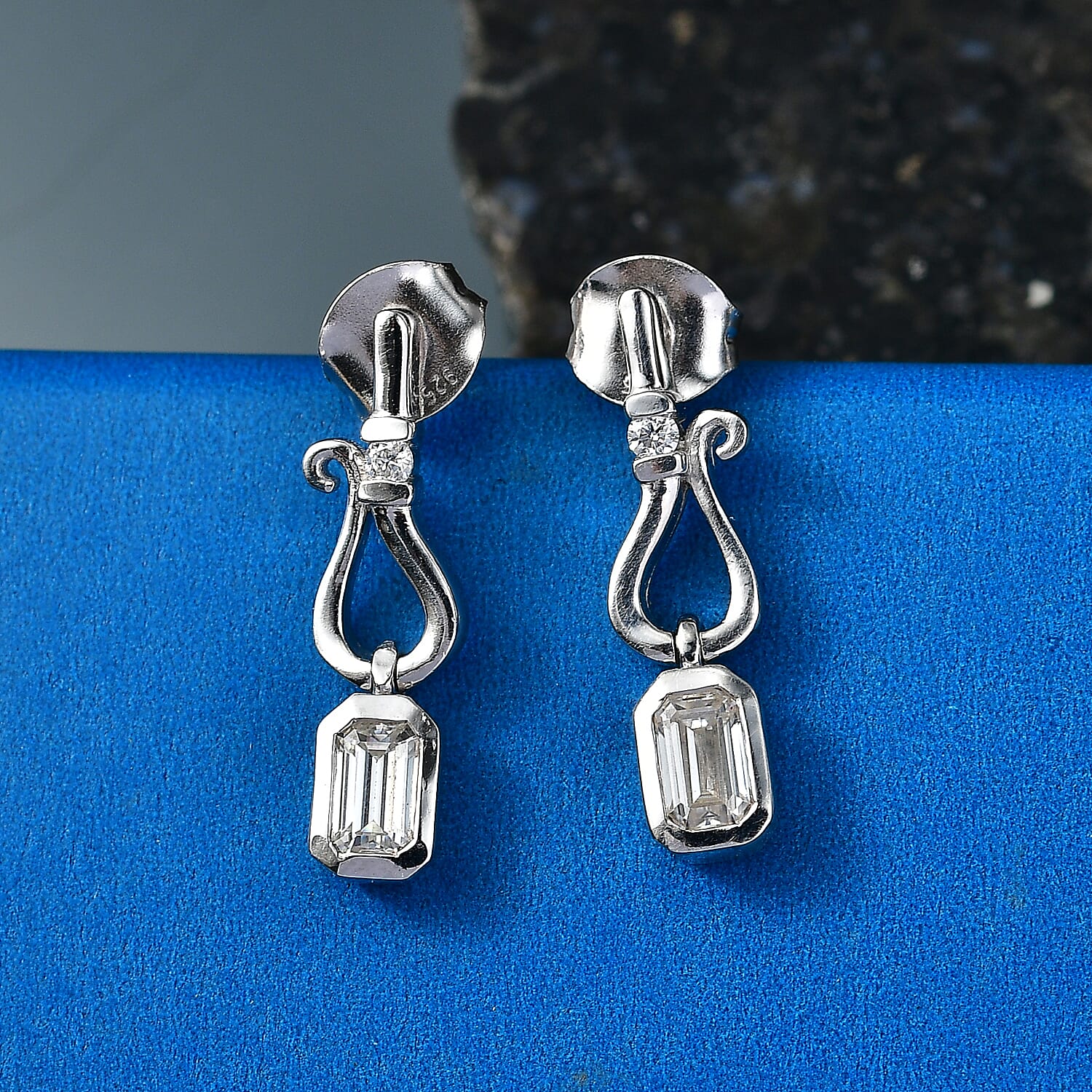 D'Joy - Moissanite Dangling Earring with Push Back in Platinum Overlay Sterling Silver