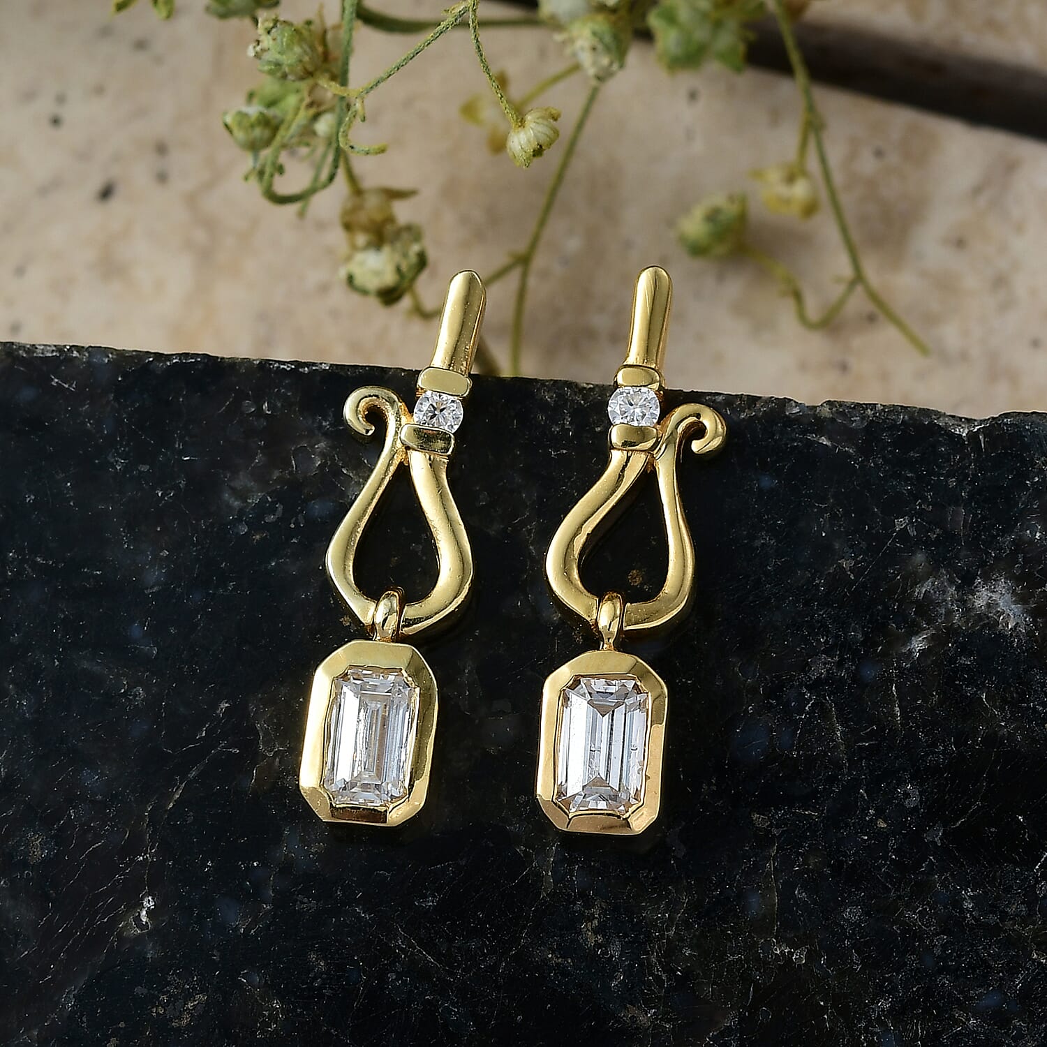 D'Joy - Moissanite Dangling Earring with Push Post in Yellow Gold Plated Sterling Silver
