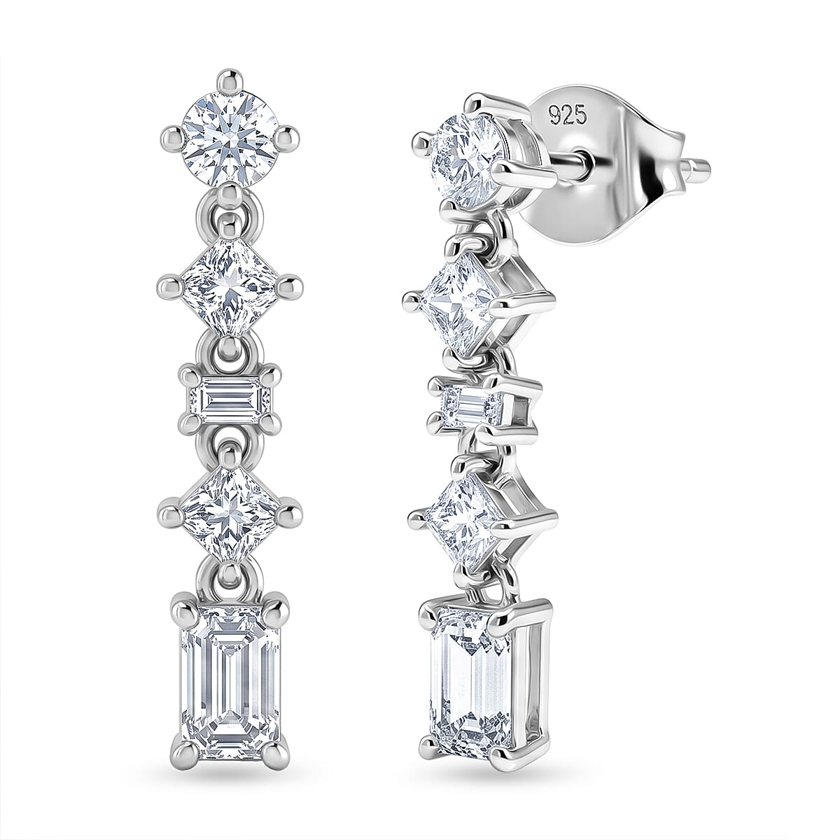 D'Joy - Moissanite Dangling Earring with Push Back in Rhodium Overlay Sterling Silver 1.13 Ct.