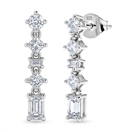 D'Joy - Moissanite Dangling Earring with Push Back in Rhodium Overlay Sterling Silver 1.13 Ct.
