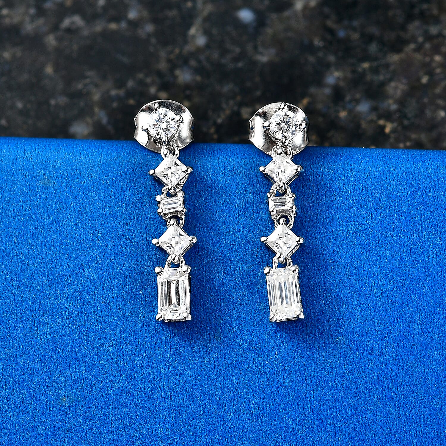 D'Joy - Moissanite Dangling Earring with Push Back in Rhodium Overlay Sterling Silver 1.13 Ct.