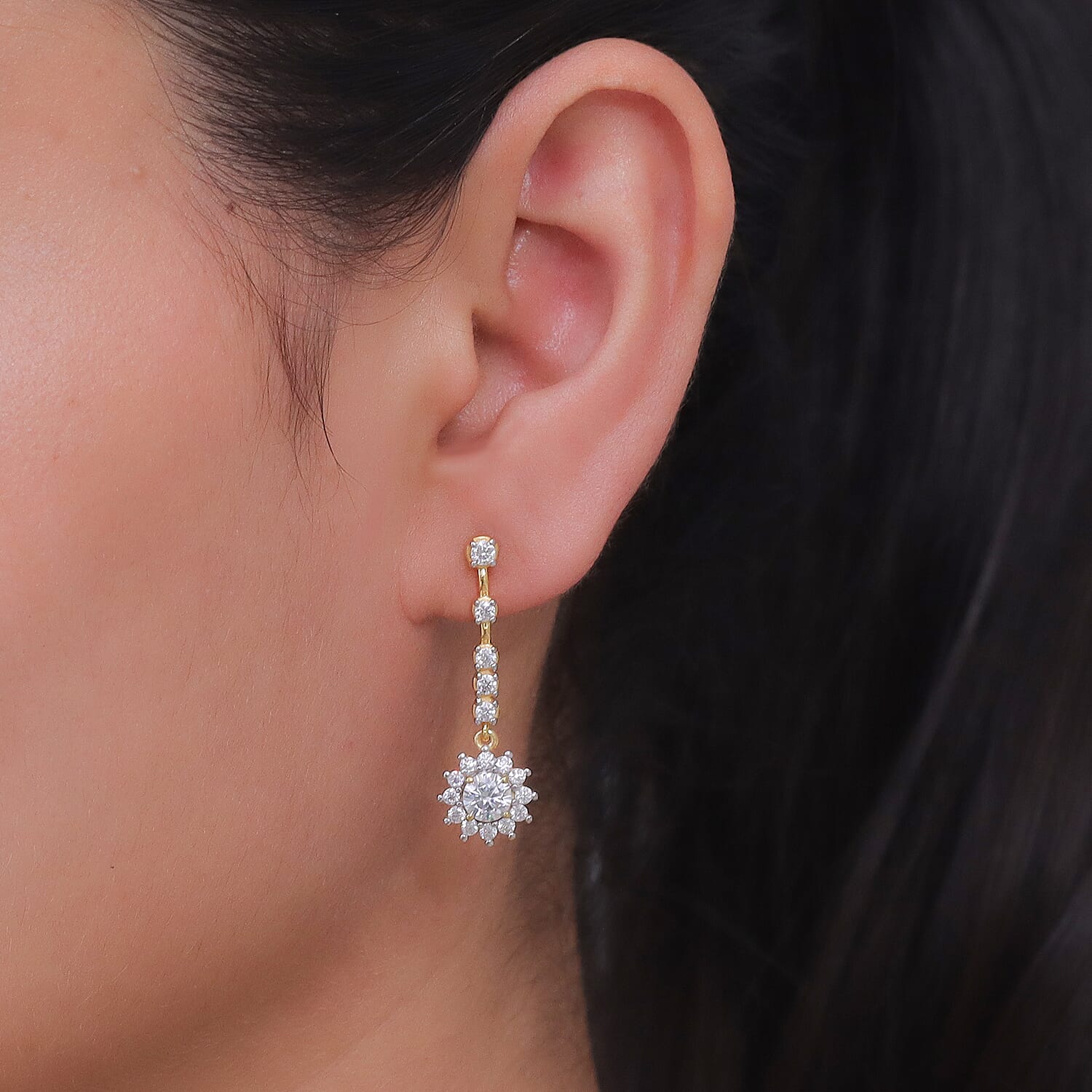 D'Joy - Moissanite Dangling Earring in Yellow Gold Plated Sterling Silver 2.05 Ct.